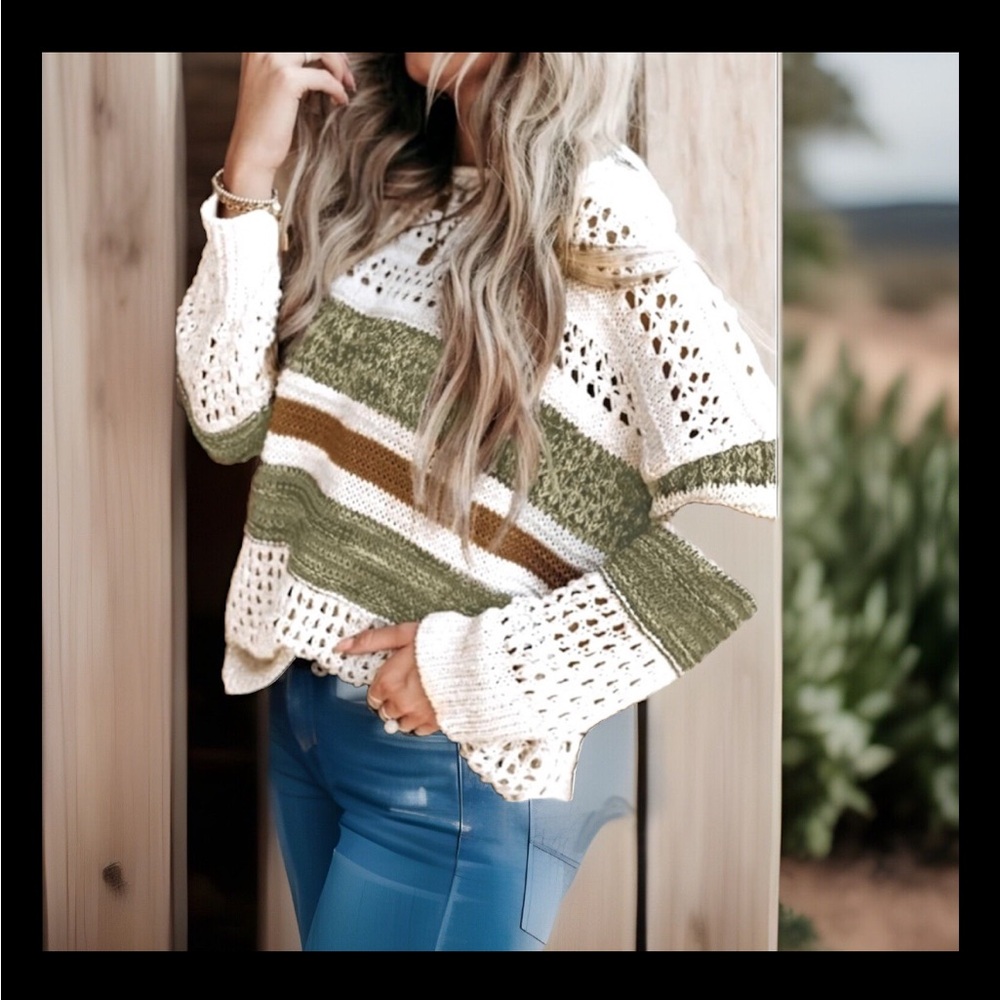 Bohemian Style Cotton knitted Colorful Striped Crewneck Long Sleeve Sweater NWT
